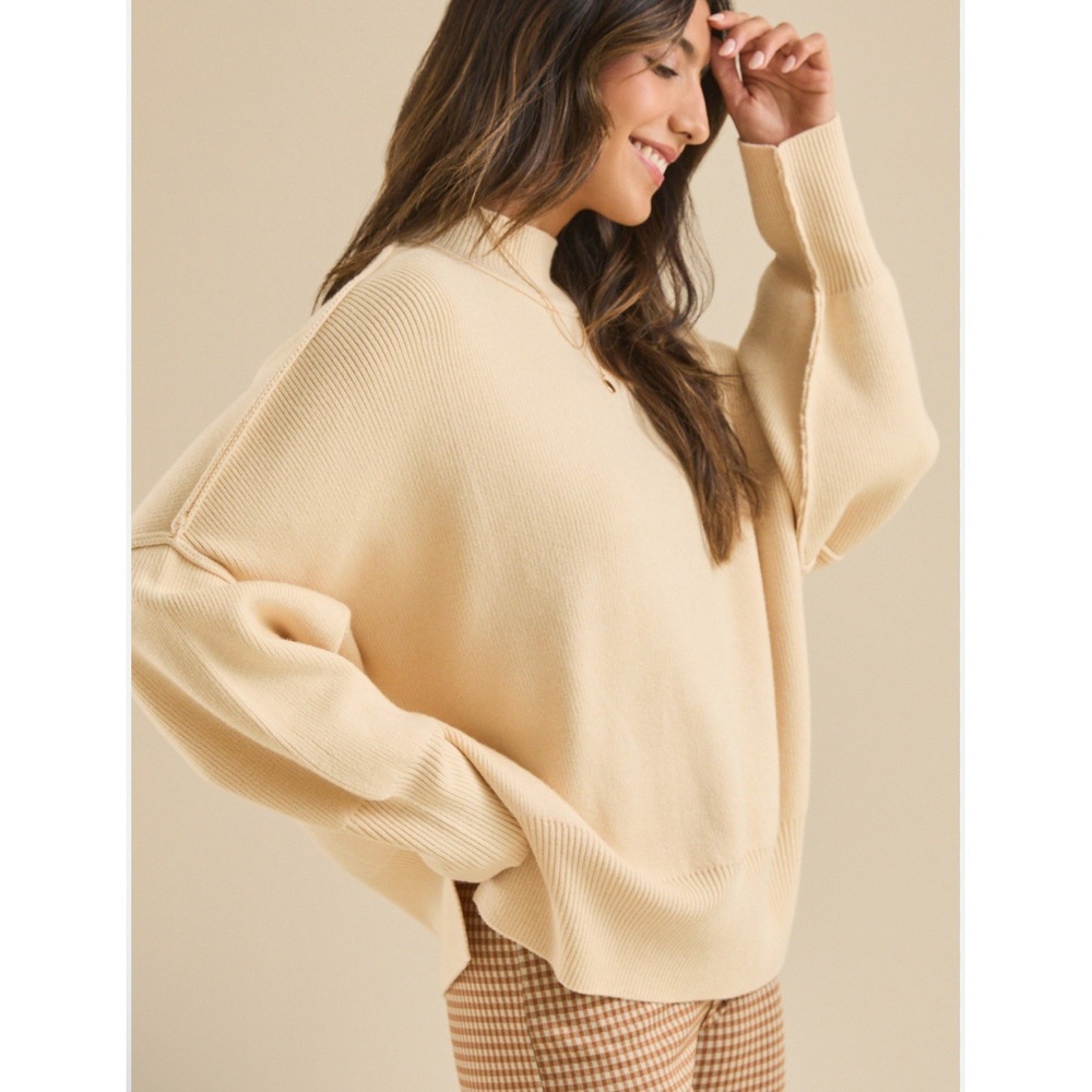 Ar'Q State Womens Oversized Mock Neck Sweater Cream Beige Drop Shoulder Knit L